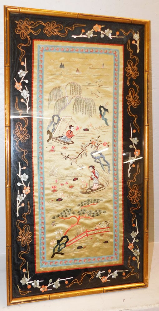 Framed Oriental Silk Embroidery: Framed Oriental Silk Embroidery. 25 1/4" x 13 1/4" "ALL DESCRIPTIONS AND ANY CONDITION STATEMENT GIVEN BY LANGSTON AUCTION GALLERY ARE STRICTLY OPINIONS AND LANGSTON'S SHALL HAVE NO RESPONSIBILITY