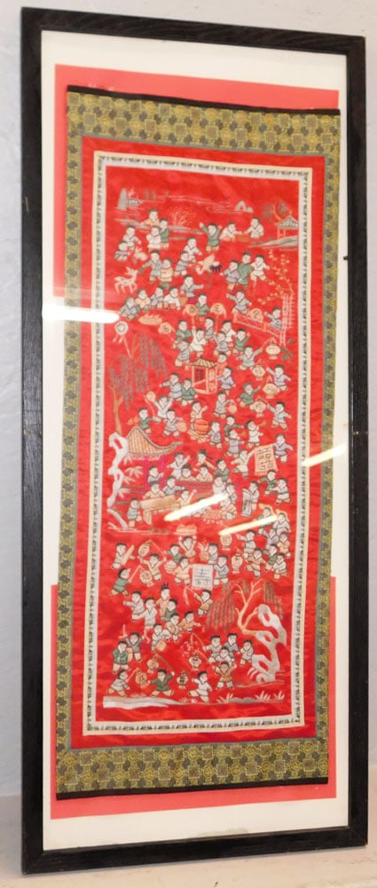 Framed Oriental Silk Embroidery: Framed Oriental Silk Embroidery. 31 1/4" x 13 1/4" "ALL DESCRIPTIONS AND ANY CONDITION STATEMENT GIVEN BY LANGSTON AUCTION GALLERY ARE STRICTLY OPINIONS AND LANGSTON'S SHALL HAVE NO RESPONSIBILITY