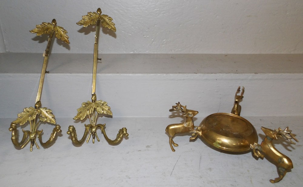 Two Figural Cast Brass Plate Stands & One Brass Bowl Stand with Deer Motif (1 of 6)