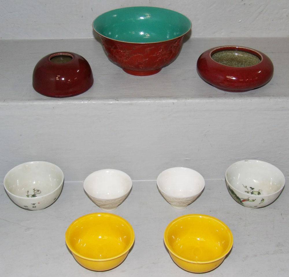 Lot of Nine Oriental Porcelain Bowls: Lot of Nine Oriental Porcelain Bowls . Up to 3" H 6" Dia. "ALL DESCRIPTIONS AND ANY CONDITION STATEMENT GIVEN BY LANGSTON AUCTION GALLERY ARE STRICTLY OPINIONS AND LANGSTON'S SHALL HAVE NO