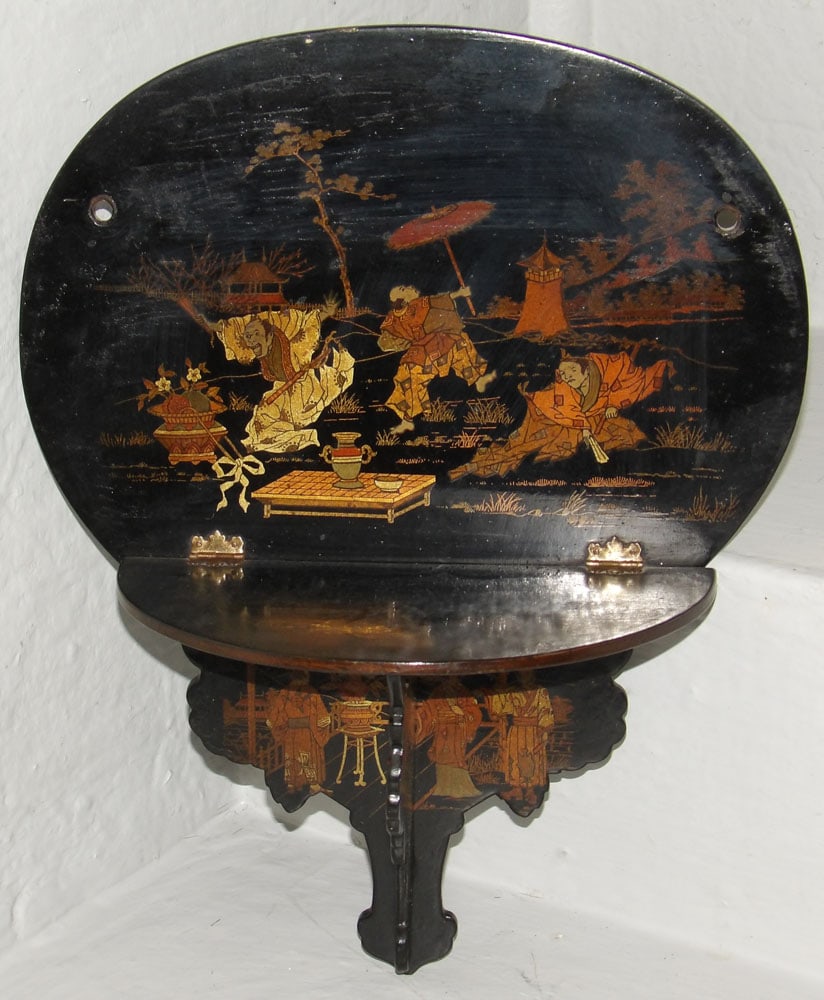 Antique Paper Mache Chinoiserie Decorated Wall Bracket: Antique Paper Mache Chinoiserie Decorated Wall Bracket. 13" H 10 1/2" W "ALL DESCRIPTIONS AND ANY CONDITION STATEMENT GIVEN BY LANGSTON AUCTION GALLERY ARE STRICTLY OPINIONS AND LANGSTON'S SHALL HAVE