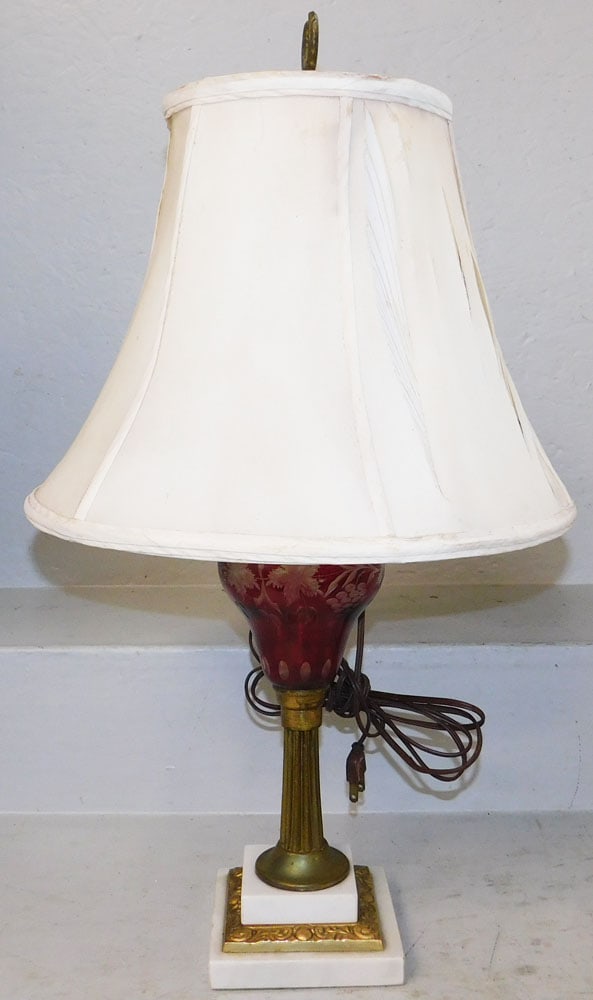Antique Painted Cranberry Font Lamp with Marble Base: Antique Painted Cranberry Font Lamp with Marble Base . 24 1/2" H 13 1/2" Dia. "ALL DESCRIPTIONS AND ANY CONDITION STATEMENT GIVEN BY LANGSTON AUCTION GALLERY ARE STRICTLY OPINIONS AND LANGSTON'S