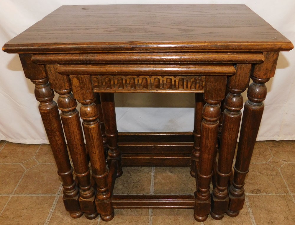 Set of Three Oak Nesting Tables by Ethan Allen: Set of Three Oak Nesting Tables by Ethan Allen . 21" H 22 1/4" W 15" D "ALL DESCRIPTIONS AND ANY CONDITION STATEMENT GIVEN BY LANGSTON AUCTION GALLERY ARE STRICTLY OPINIONS AND LANGSTON'S SHALL HAVE