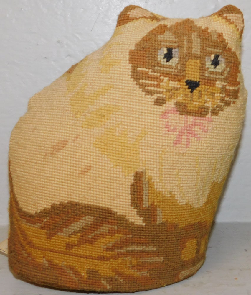 Needlepoint Cat Form Pillow by Tableaux: Needlepoint Cat Form Pillow by Tableaux . 10" H 8 1/2" W "ALL DESCRIPTIONS AND ANY CONDITION STATEMENT GIVEN BY LANGSTON AUCTION GALLERY ARE STRICTLY OPINIONS AND LANGSTON'S SHALL HAVE NO