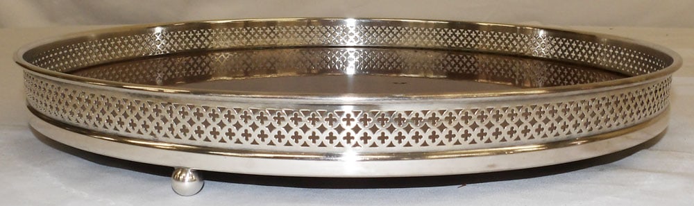 Silverplated Gallery Tray: Silverplated Gallery Tray . 14 1/4" Dia. "ALL DESCRIPTIONS AND ANY CONDITION STATEMENT GIVEN BY LANGSTON AUCTION GALLERY ARE STRICTLY OPINIONS AND LANGSTON'S SHALL HAVE NO RESPONSIBILITY FOR ERRORS
