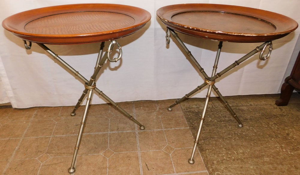 Pair of Cherry & Faux Leather Round Stands with Metal Bamboo Form Base: Pair of Cherry & Faux Leather Round Stands with Metal Bamboo Form Base. 25 1/4" H 22" Dia. "ALL DESCRIPTIONS AND ANY CONDITION STATEMENT GIVEN BY LANGSTON AUCTION GALLERY ARE STRICTLY OPINIONS AND