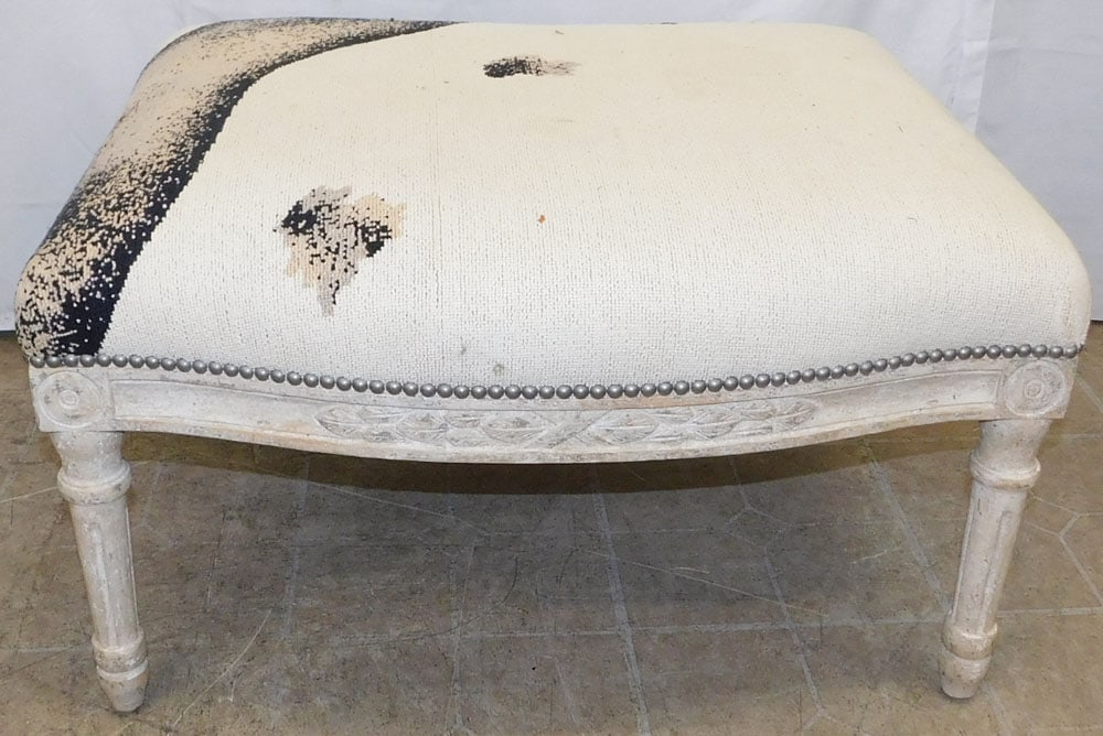 Painted Wood & Needlepoint Top Ottoman: Painted Wood & Needlepoint Top Ottoman. 18" H 30" W 24" D "ALL DESCRIPTIONS AND ANY CONDITION STATEMENT GIVEN BY LANGSTON AUCTION GALLERY ARE STRICTLY OPINIONS AND LANGSTON'S SHALL HAVE NO