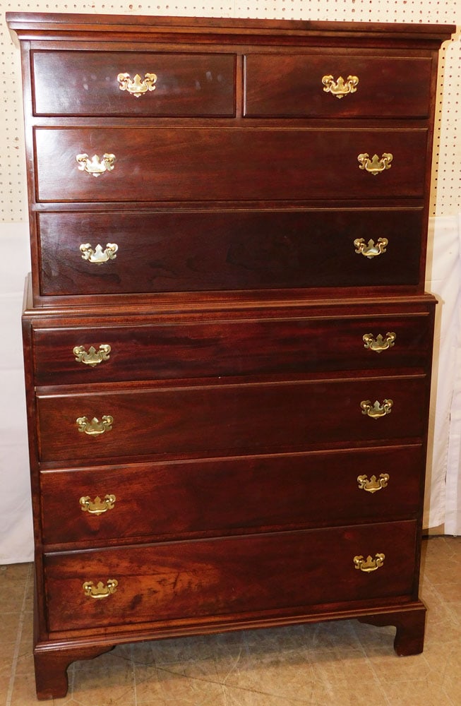 Bench Made Walnut Two Over Six Tall Chest by Newcomb Reproductions, Durham, NC: Bench Made Walnut Two Over Six Tall Chest by Newcomb Reproductions, Durham, NC. 62 1/4" H 38 1/2" W 21" D "ALL DESCRIPTIONS AND ANY CONDITION STATEMENT GIVEN BY LANGSTON AUCTION GALLERY ARE STRICTLY