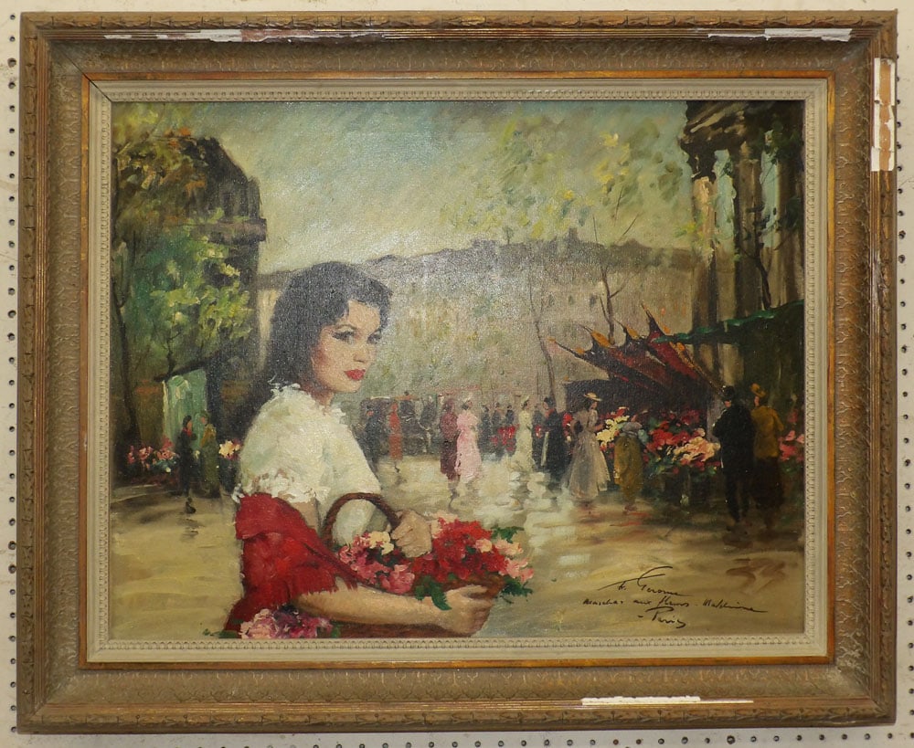 Framed Oil on Canvas French Street Scene Artist Signed: Framed Oil on Canvas French Street Scene Artist Signed . 30 1/2" x 37" "ALL DESCRIPTIONS AND ANY CONDITION STATEMENT GIVEN BY LANGSTON AUCTION GALLERY ARE STRICTLY OPINIONS AND LANGSTON'S SHALL HAVE