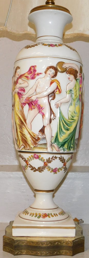 Painted Porcelain Urn Form Lamp: Painted Porcelain Urn Form Lamp . 37" H Shade: 16 1/2" Dia. "ALL DESCRIPTIONS AND ANY CONDITION STATEMENT GIVEN BY LANGSTON AUCTION GALLERY ARE STRICTLY OPINIONS AND LANGSTON'S SHALL HAVE NO