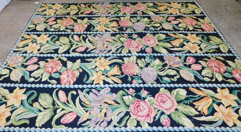 9' 3" x 11' 8" Needlepoint Rug: 9' 3" x 11' 8" Needlepoint Rug . "ALL DESCRIPTIONS AND ANY CONDITION STATEMENT GIVEN BY LANGSTON AUCTION GALLERY ARE STRICTLY OPINIONS AND LANGSTON'S SHALL HAVE NO RESPONSIBILITY FOR ERRORS OR