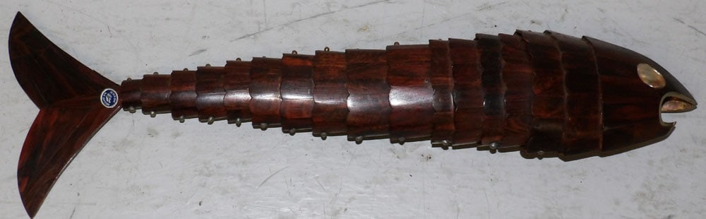 Rosewood & Abalone Shell Folk Art Fish: Rosewood & Abalone Shell Folk Art Fish. 15 1/2" L 3" W "ALL DESCRIPTIONS AND ANY CONDITION STATEMENT GIVEN BY LANGSTON AUCTION GALLERY ARE STRICTLY OPINIONS AND LANGSTON'S SHALL HAVE NO