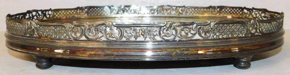 Silverplated & Mirror Gallery Tray: Silverplated & Mirror Gallery Tray . 15" x 9 1/4" "ALL DESCRIPTIONS AND ANY CONDITION STATEMENT GIVEN BY LANGSTON AUCTION GALLERY ARE STRICTLY OPINIONS AND LANGSTON'S SHALL HAVE NO RESPONSIBILITY FOR