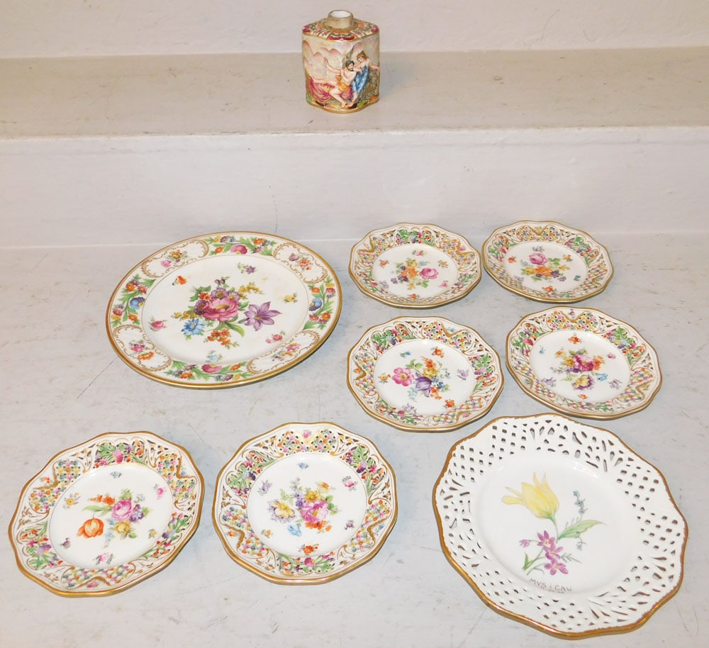 Lot of Hand Painted Porcelain Dresden Plates & Capodimonte Porcelain Caddy: Lot of Hand Painted Porcelain Dresden Plates & Capodimonte Porcelain Caddy . Up to 10" Dia. "ALL DESCRIPTIONS AND ANY CONDITION STATEMENT GIVEN BY LANGSTON AUCTION GALLERY ARE STRICTLY OPINIONS AND