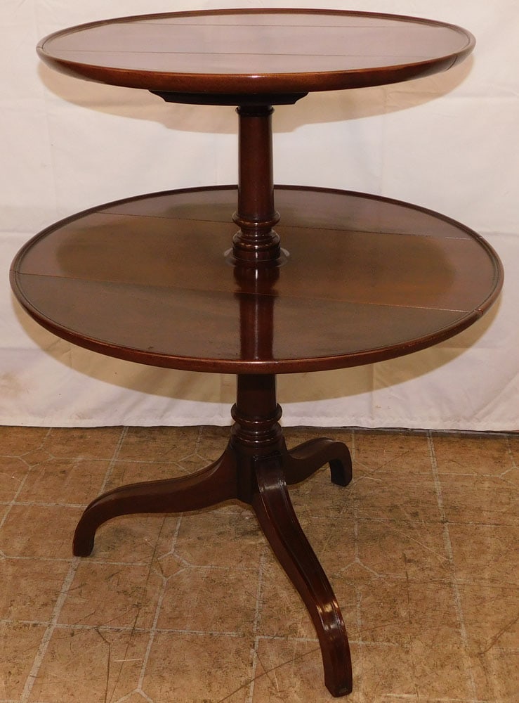 Antique Mahogany Two Tier Drop Leaf Dumbwaiter: Antique Mahogany Two Tier Drop Leaf Dumbwaiter. 32 1/4" H 26" Dia. "ALL DESCRIPTIONS AND ANY CONDITION STATEMENT GIVEN BY LANGSTON AUCTION GALLERY ARE STRICTLY OPINIONS AND LANGSTON'S SHALL HAVE NO