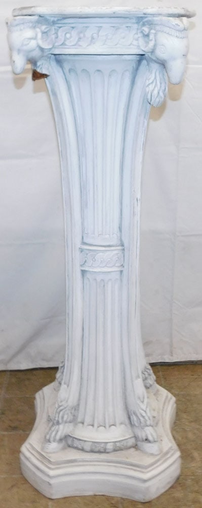 Painted Carved Wood Pedestal with Ram's Head Accents: Painted Carved Wood Pedestal with Ram's Head Accents . 39 1/4" H 16 3/4" Dia. "ALL DESCRIPTIONS AND ANY CONDITION STATEMENT GIVEN BY LANGSTON AUCTION GALLERY ARE STRICTLY OPINIONS AND LANGSTON'S