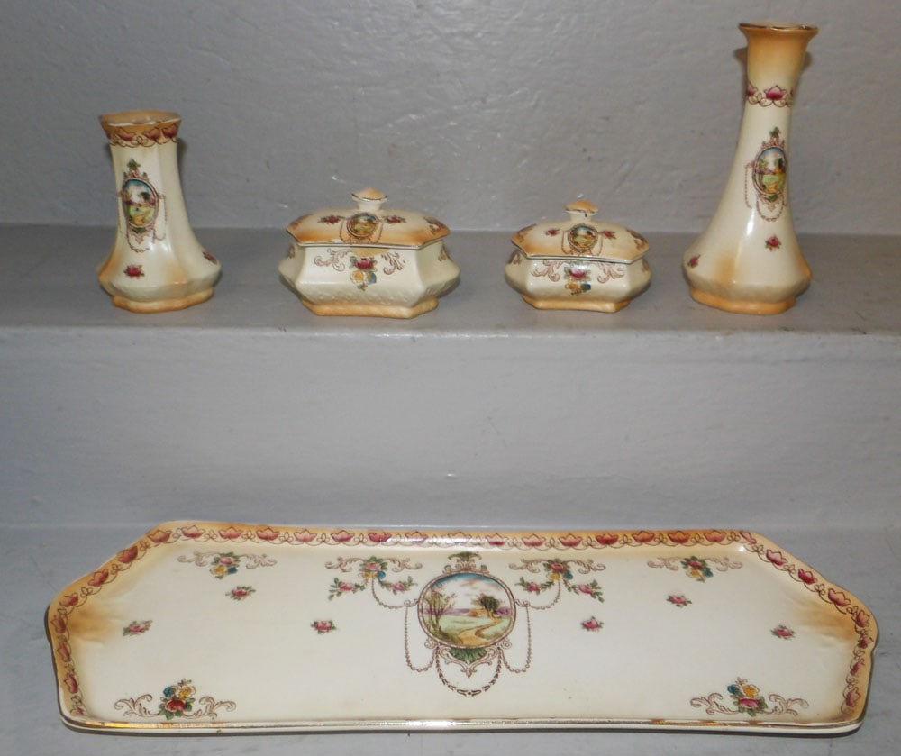 Five Piece English Burslem Porcelain Dresser Set: Five Piece English Burslem Porcelain Dresser Set . Up to 18 3/4" x 6 1/2" "ALL DESCRIPTIONS AND ANY CONDITION STATEMENT GIVEN BY LANGSTON AUCTION GALLERY ARE STRICTLY OPINIONS AND LANGSTON'S SHALL