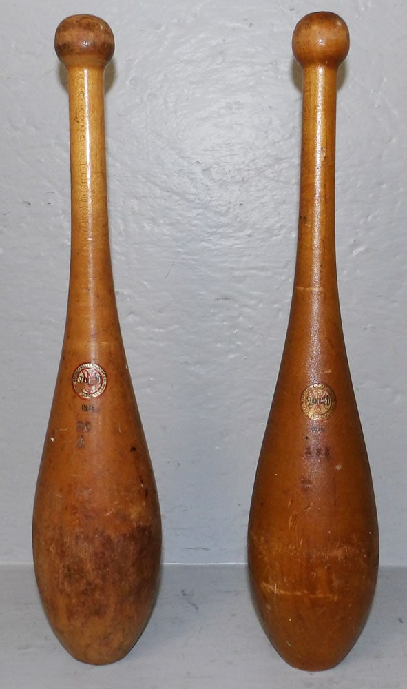 Pair of Antique Wood Dumbbells by Narragansett Machine Company: Pair of Antique Wood Dumbbells by Narragansett Machine Company. 15 3/4" L "ALL DESCRIPTIONS AND ANY CONDITION STATEMENT GIVEN BY LANGSTON AUCTION GALLERY ARE STRICTLY OPINIONS AND LANGSTON'S SHALL