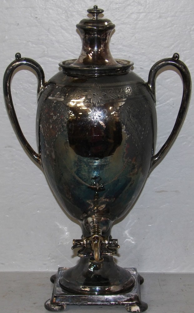Antique Silverplated Hot Water Urn: Antique Silverplated Hot Water Urn . 17 3/4" H 11" W "ALL DESCRIPTIONS AND ANY CONDITION STATEMENT GIVEN BY LANGSTON AUCTION GALLERY ARE STRICTLY OPINIONS AND LANGSTON'S SHALL HAVE NO RESPONSIBILITY F