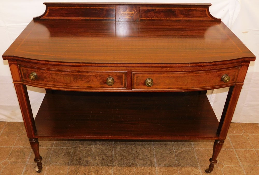 Mahogany Bow Front Inlaid Edwardian Style Server by Royal Furniture, Grand Rapids: Mahogany Bow Front Inlaid Edwardian Style Server by Royal Furniture, Grand Rapids. 40 3/4" H 48" W 21 3/4" D "ALL DESCRIPTIONS AND ANY CONDITION STATEMENT GIVEN BY LANGSTON AUCTION GALLERY ARE STRICTL