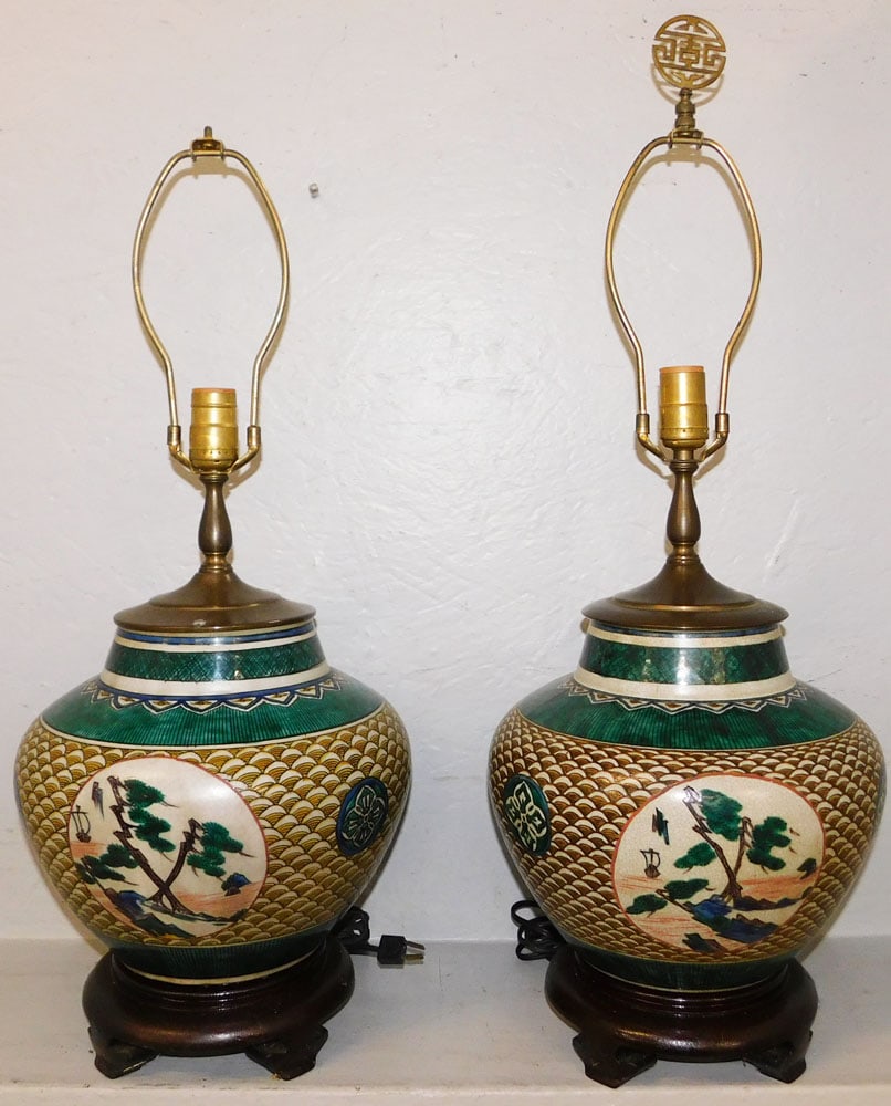 Pair of Oriental Painted Porcelain Vases Made Into Lamps (1 of 5)