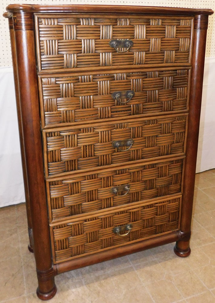 Mahogany Leather & Woven Rattan Five Drawer Tall Chest (1 of 5)