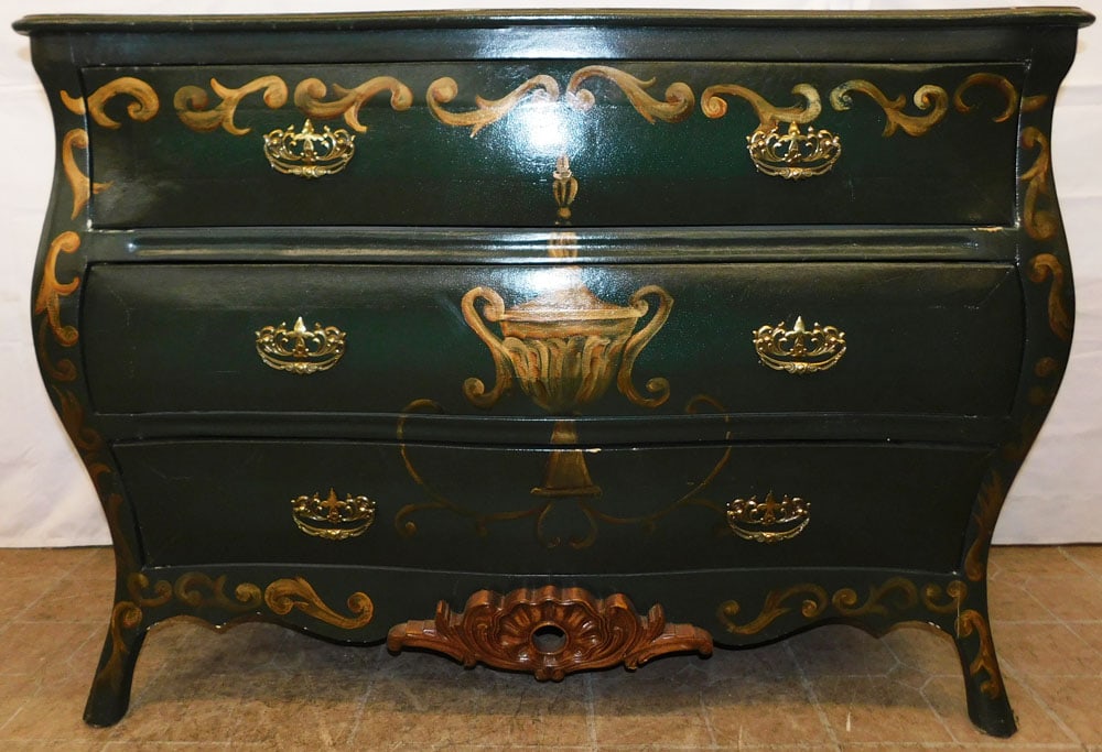 Painted Leather Three Drawer Commode: Painted Leather Three Drawer Commode . 35" H 47 3/4" W 20 1/4" D "ALL DESCRIPTIONS AND ANY CONDITION STATEMENT GIVEN BY LANGSTON AUCTION GALLERY ARE STRICTLY OPINIONS AND LANGSTON'S SHALL HAVE NO