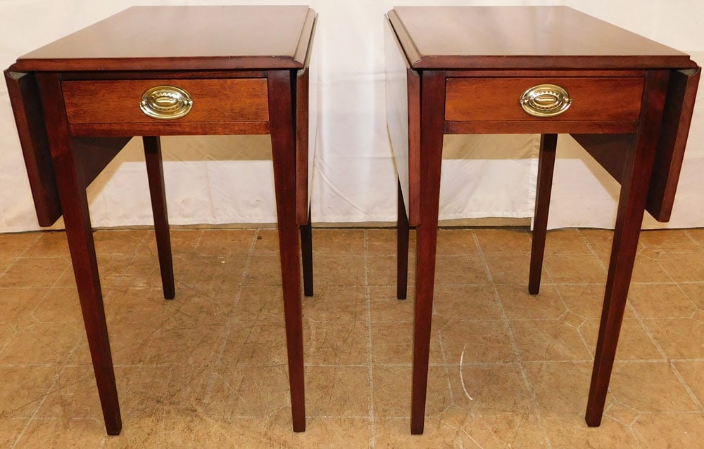 Pair of Mahogany Drop Leaf One Drawer Pembroke Tables by Caro-Craft: Pair of Mahogany Drop Leaf One Drawer Pembroke Tables by Caro-Craft. 26" H 15 1/2" W 21" D "ALL DESCRIPTIONS AND ANY CONDITION STATEMENT GIVEN BY LANGSTON AUCTION GALLERY ARE STRICTLY OPINIONS AND