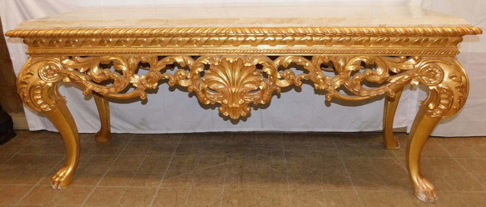 Gilded Carved Wood & Marble Top Console with Paw Feet: Gilded Carved Wood & Marble Top Console with Paw Feet. 31" H 72" W 24" D "ALL DESCRIPTIONS AND ANY CONDITION STATEMENT GIVEN BY LANGSTON AUCTION GALLERY ARE STRICTLY OPINIONS AND LANGSTON'S SHALL