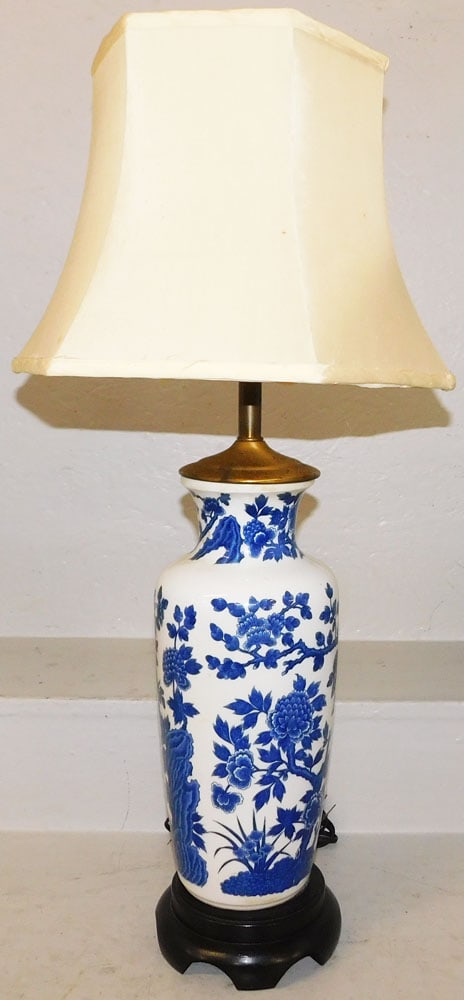Oriental Blue & White Porcelain Vase Made Into Lamp: Oriental Blue & White Porcelain Vase Made Into Lamp. 30 1/2" H 14 1/2" Dia. "ALL DESCRIPTIONS AND ANY CONDITION STATEMENT GIVEN BY LANGSTON AUCTION GALLERY ARE STRICTLY OPINIONS AND LANGSTON'S SHALL H
