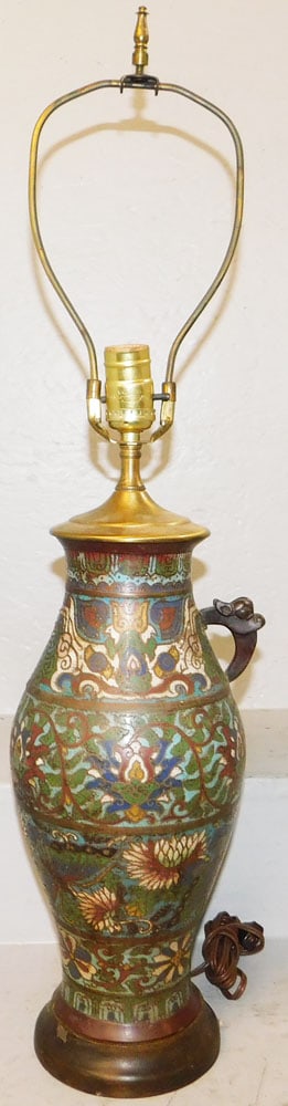 Champleve Vase Made Into Lamp, Missing Handle: Champleve Vase Made Into Lamp, Missing Handle. 29 1/4" H 8" W "ALL DESCRIPTIONS AND ANY CONDITION STATEMENT GIVEN BY LANGSTON AUCTION GALLERY ARE STRICTLY OPINIONS AND LANGSTON'S SHALL HAVE NO