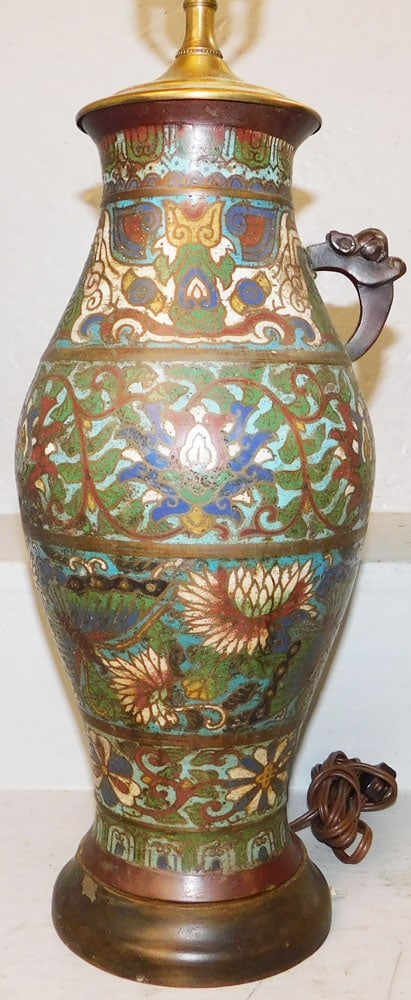 Champleve Vase Made Into Lamp, Missing Handle - 2