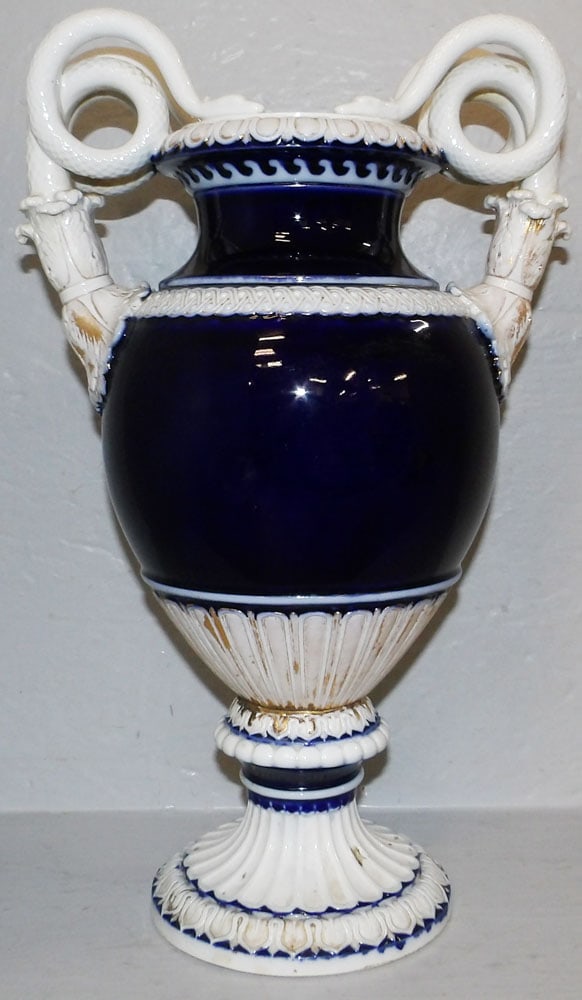 Meissen Porcelain Urn Form Vase with Serpent Handles: Meissen Porcelain Urn Form Vase with Serpent Handles . 15 1/2" H 10" W "ALL DESCRIPTIONS AND ANY CONDITION STATEMENT GIVEN BY LANGSTON AUCTION GALLERY ARE STRICTLY OPINIONS AND LANGSTON'S SHALL HAVE