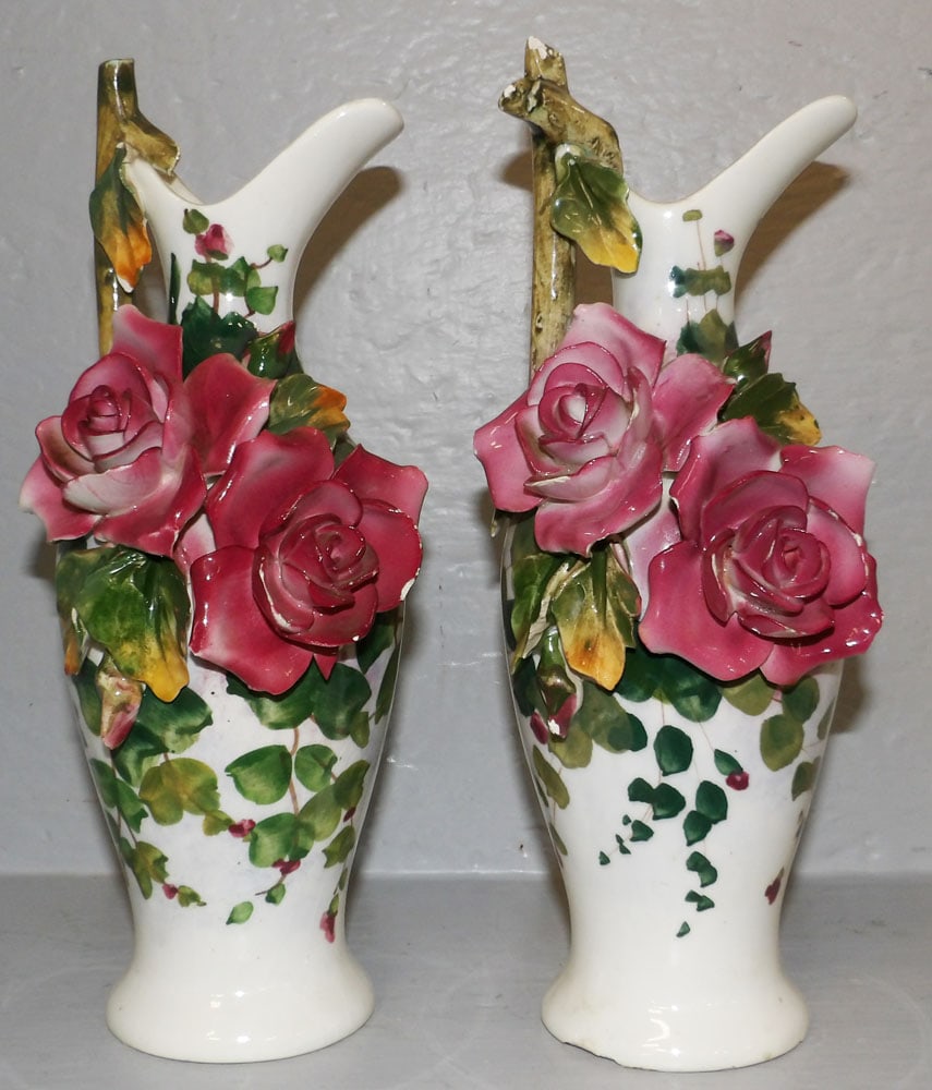 Pair of Italian Hand Painted Porcelain Ewers, As Found: Pair of Italian Hand Painted Porcelain Ewers, As Found. 11" H 4 1/2" W "ALL DESCRIPTIONS AND ANY CONDITION STATEMENT GIVEN BY LANGSTON AUCTION GALLERY ARE STRICTLY OPINIONS AND LANGSTON'S SHALL HAVE