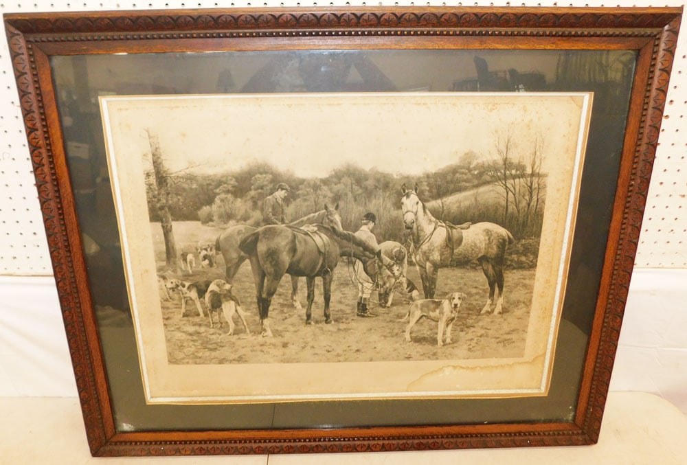 Antique Black & White Fox Hunt Engraving in Carved Oak Frame: Antique Black & White Fox Hunt Engraving in Carved Oak Frame . 33 1/2" x 41 1/4" "ALL DESCRIPTIONS AND ANY CONDITION STATEMENT GIVEN BY LANGSTON AUCTION GALLERY ARE STRICTLY OPINIONS AND LANGSTON'S