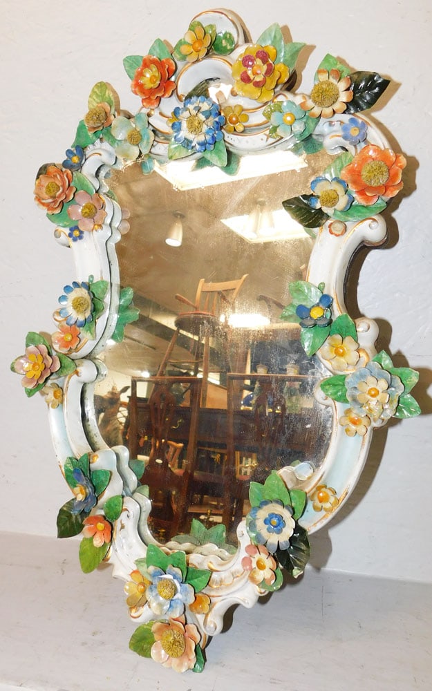 Painted Porcelain Framed Mirror, As Found: Painted Porcelain Framed Mirror, As Found. 23 1/2" x 15" "ALL DESCRIPTIONS AND ANY CONDITION STATEMENT GIVEN BY LANGSTON AUCTION GALLERY ARE STRICTLY OPINIONS AND LANGSTON'S SHALL HAVE NO