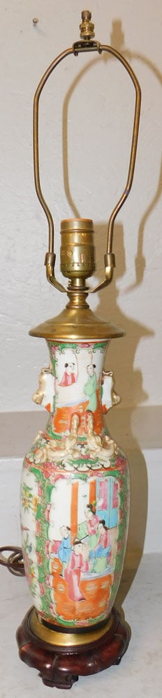 19th Century Rose Medallion Porcelain Vase Made Into Lamp: 19th Century Rose Medallion Porcelain Vase Made Into Lamp. 25 1/4" H 4" Dia. "ALL DESCRIPTIONS AND ANY CONDITION STATEMENT GIVEN BY LANGSTON AUCTION GALLERY ARE STRICTLY OPINIONS AND LANGSTON'S SHALL 