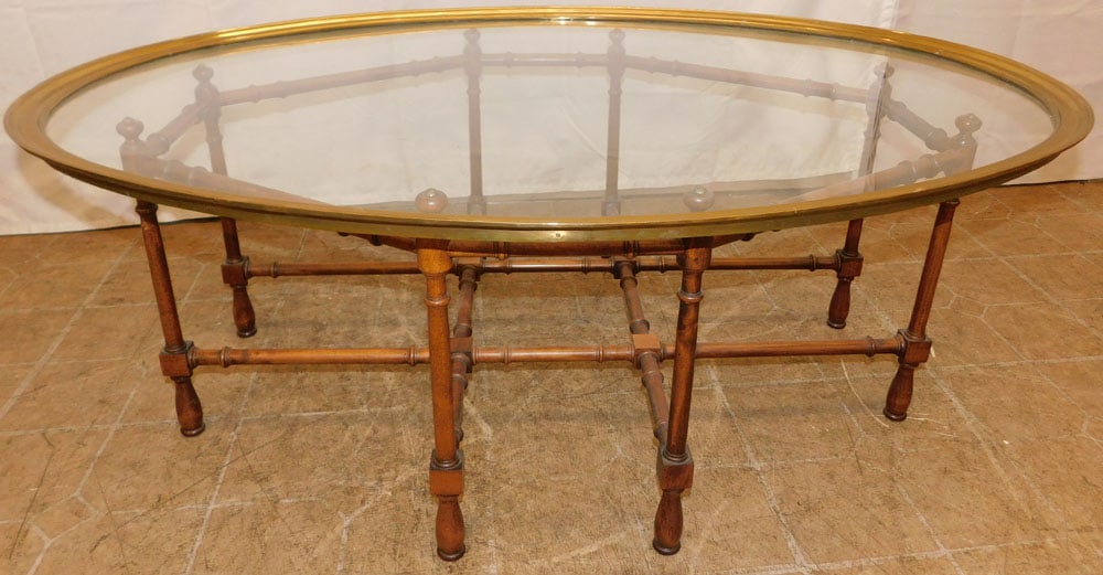 Glass & Brass Tray Top Tea Table with Walnut Faux Bamboo Base (1 of 3)