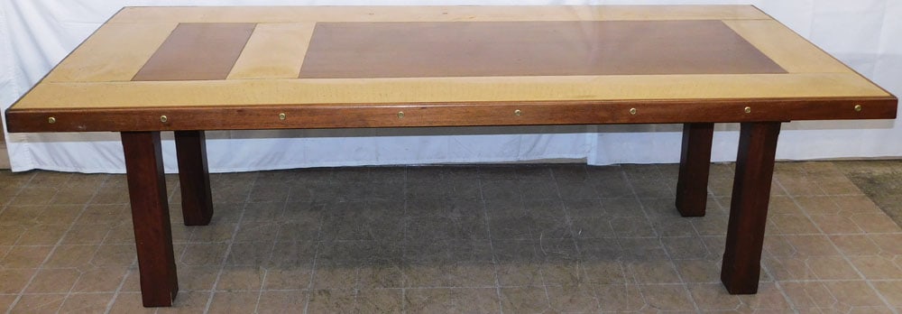 Walnut & Metal Bound Conference Table, (Wood from Durham, NC County Courthouse): Walnut & Metal Bound Conference Table, (Wood from Durham, NC County Courthouse). 29 3/4" H 93 1/4" W 41" D "ALL DESCRIPTIONS AND ANY CONDITION STATEMENT GIVEN BY LANGSTON AUCTION GALLERY ARE STRICTLY