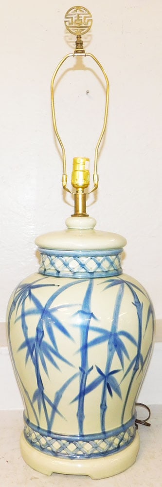 Oriental Blue Glazed Porcelain Vase Made Into Lamp with Bamboo Motif: Oriental Blue Glazed Porcelain Vase Made Into Lamp with Bamboo Motif . 33 1/2" H 11" Dia. "ALL DESCRIPTIONS AND ANY CONDITION STATEMENT GIVEN BY LANGSTON AUCTION GALLERY ARE STRICTLY OPINIONS AND