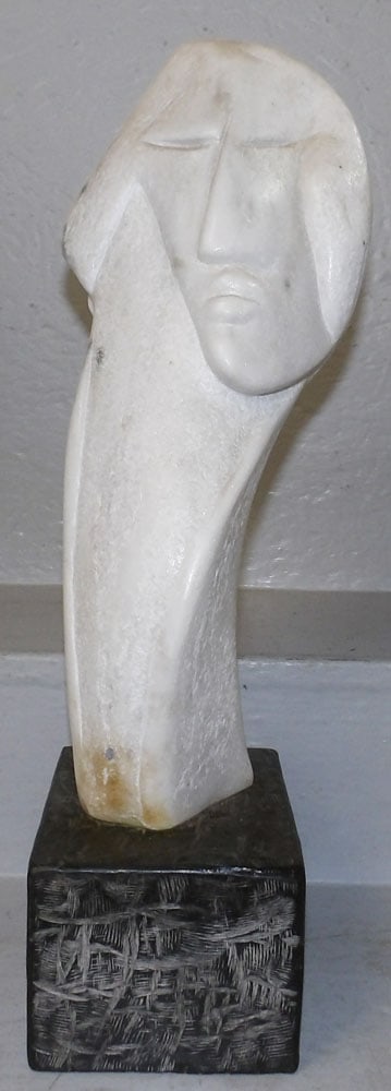 Carved Marble Sculpture Signed Jaffe: Carved Marble Sculpture Signed Jaffe. 20 1/4" H 5 1/4" W 7 1/4" D "ALL DESCRIPTIONS AND ANY CONDITION STATEMENT GIVEN BY LANGSTON AUCTION GALLERY ARE STRICTLY OPINIONS AND LANGSTON'S SHALL HAVE NO