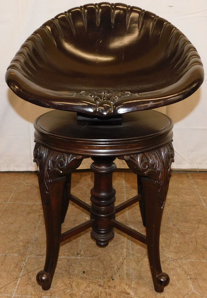 Painted Paper Mache & Carved Wood Shell Form Piano Chair: Painted Paper Mache & Carved Wood Shell Form Piano Chair . 27 3/4" H 18 1/4" W 20 1/2" D "ALL DESCRIPTIONS AND ANY CONDITION STATEMENT GIVEN BY LANGSTON AUCTION GALLERY ARE STRICTLY OPINIONS AND