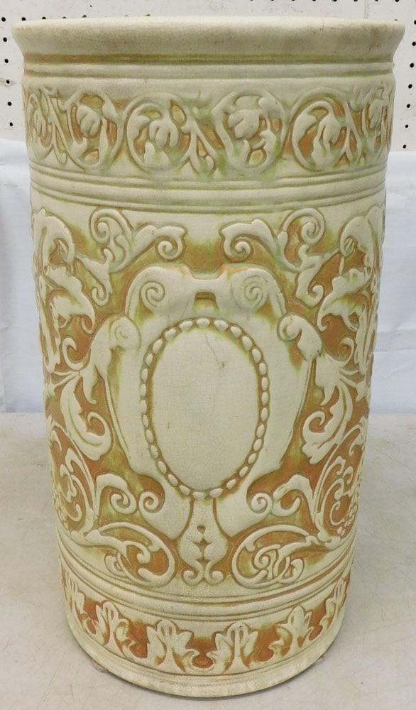 Signed Weller Pottery Umbrella Stand: Signed Weller Pottery Umbrella Stand. 20" H 11" Dia. "ALL DESCRIPTIONS AND ANY CONDITION STATEMENT GIVEN BY LANGSTON AUCTION GALLERY ARE STRICTLY OPINIONS AND LANGSTON'S SHALL HAVE NO RESPONSIBILITY F