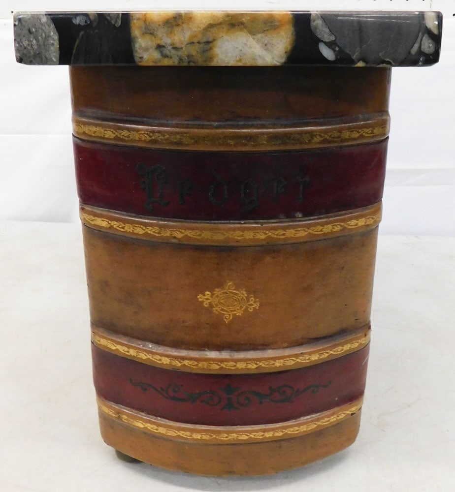 Painted Leather Faux Book & Marble Top Stand: Painted Leather Faux Book & Marble Top Stand . 15" H 9 1/2" W 15 1/4" D "ALL DESCRIPTIONS AND ANY CONDITION STATEMENT GIVEN BY LANGSTON AUCTION GALLERY ARE STRICTLY OPINIONS AND LANGSTON'S SHALL HAVE