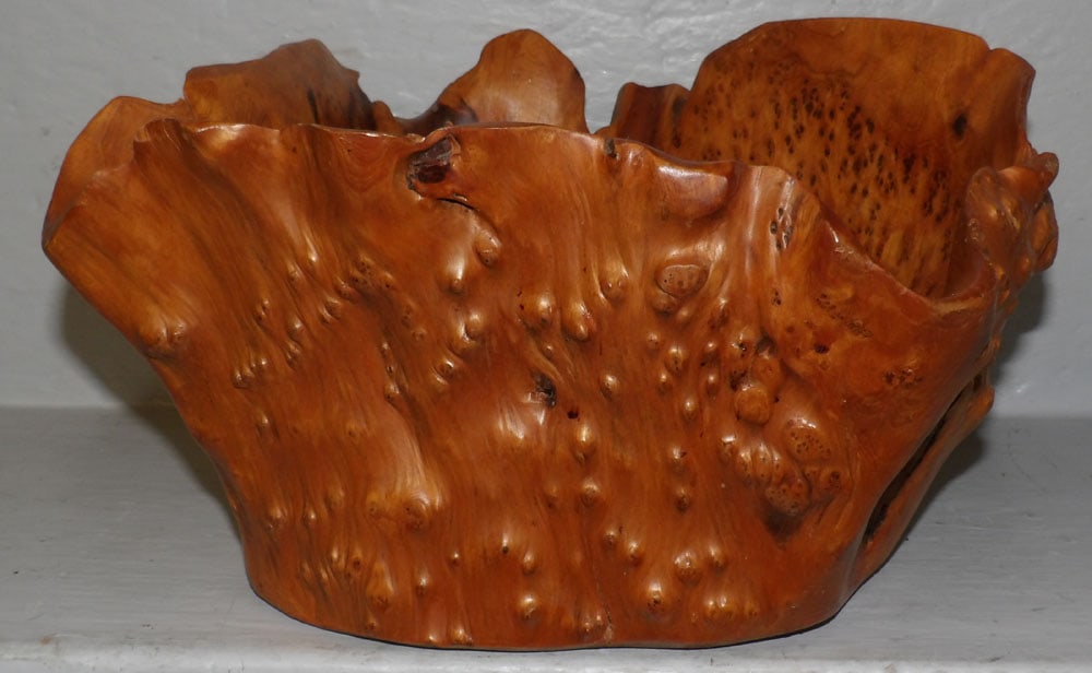 Carved Burled Wood Bowl: Carved Burled Wood Bowl. 6 1/2" H 11" Dia. "ALL DESCRIPTIONS AND ANY CONDITION STATEMENT GIVEN BY LANGSTON AUCTION GALLERY ARE STRICTLY OPINIONS AND LANGSTON'S SHALL HAVE NO RESPONSIBILITY FOR ERRORS
