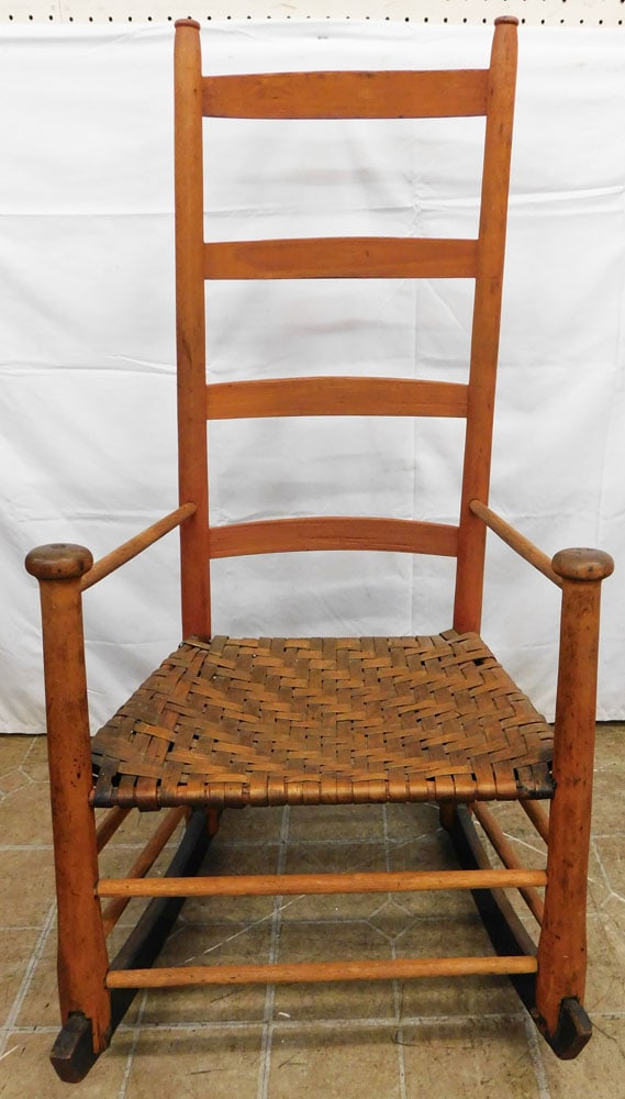 Antique Birch Ladder Back Rocker: Antique Birch Ladder Back Rocker . 42 1/4" H 22" W 24 3/4" D "ALL DESCRIPTIONS AND ANY CONDITION STATEMENT GIVEN BY LANGSTON AUCTION GALLERY ARE STRICTLY OPINIONS AND LANGSTON'S SHALL HAVE NO
