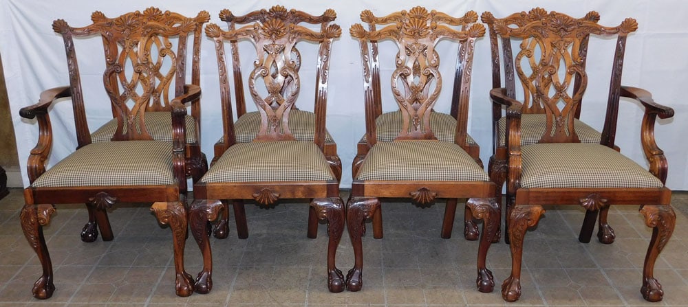 Set of Eight Mahogany Chippendale Style Dining Chairs with Ball & Claw Feet: Set of Eight Mahogany Chippendale Style Dining Chairs with Ball & Claw Feet. 40" H 26" W 21" D "ALL DESCRIPTIONS AND ANY CONDITION STATEMENT GIVEN BY LANGSTON AUCTION GALLERY ARE STRICTLY OPINIONS