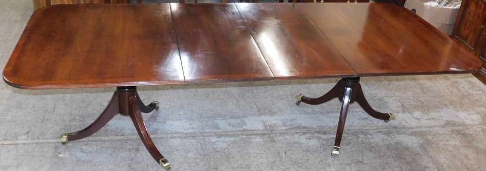Mahogany Banded Top Two Pedestal Dining Table with Two Leaves Attributed to Wellington Hall (1 of 8)