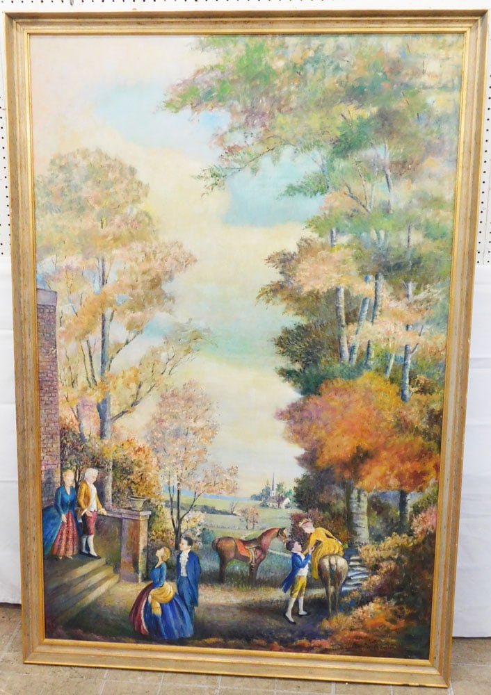 Large Oil on Canvas French Courting Scene Artist Signed: Large Oil on Canvas French Courting Scene Artist Signed . 67 1/2" x 45 1/4" "ALL DESCRIPTIONS AND ANY CONDITION STATEMENT GIVEN BY LANGSTON AUCTION GALLERY ARE STRICTLY OPINIONS AND LANGSTON'S SHALL
