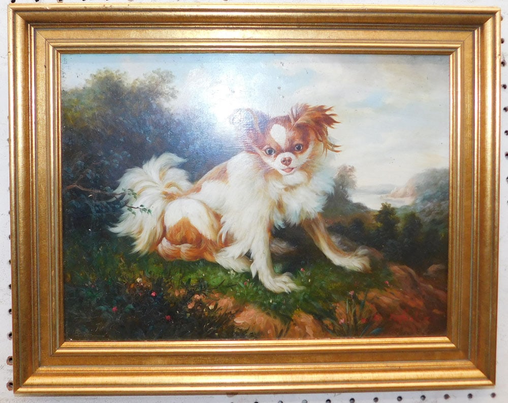 Framed Oil on Board Landscape Portrait of Spaniel: Framed Oil on Board Landscape Portrait of Spaniel . 15 1/4" x 19 1/4" "ALL DESCRIPTIONS AND ANY CONDITION STATEMENT GIVEN BY LANGSTON AUCTION GALLERY ARE STRICTLY OPINIONS AND LANGSTON'S SHALL HAVE